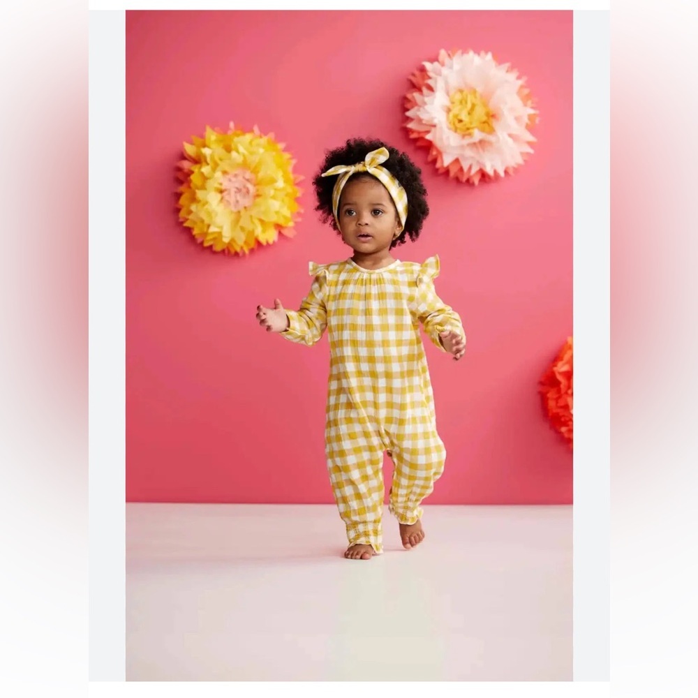 MUD PIE Mustard Gingham cotton onesie with headband